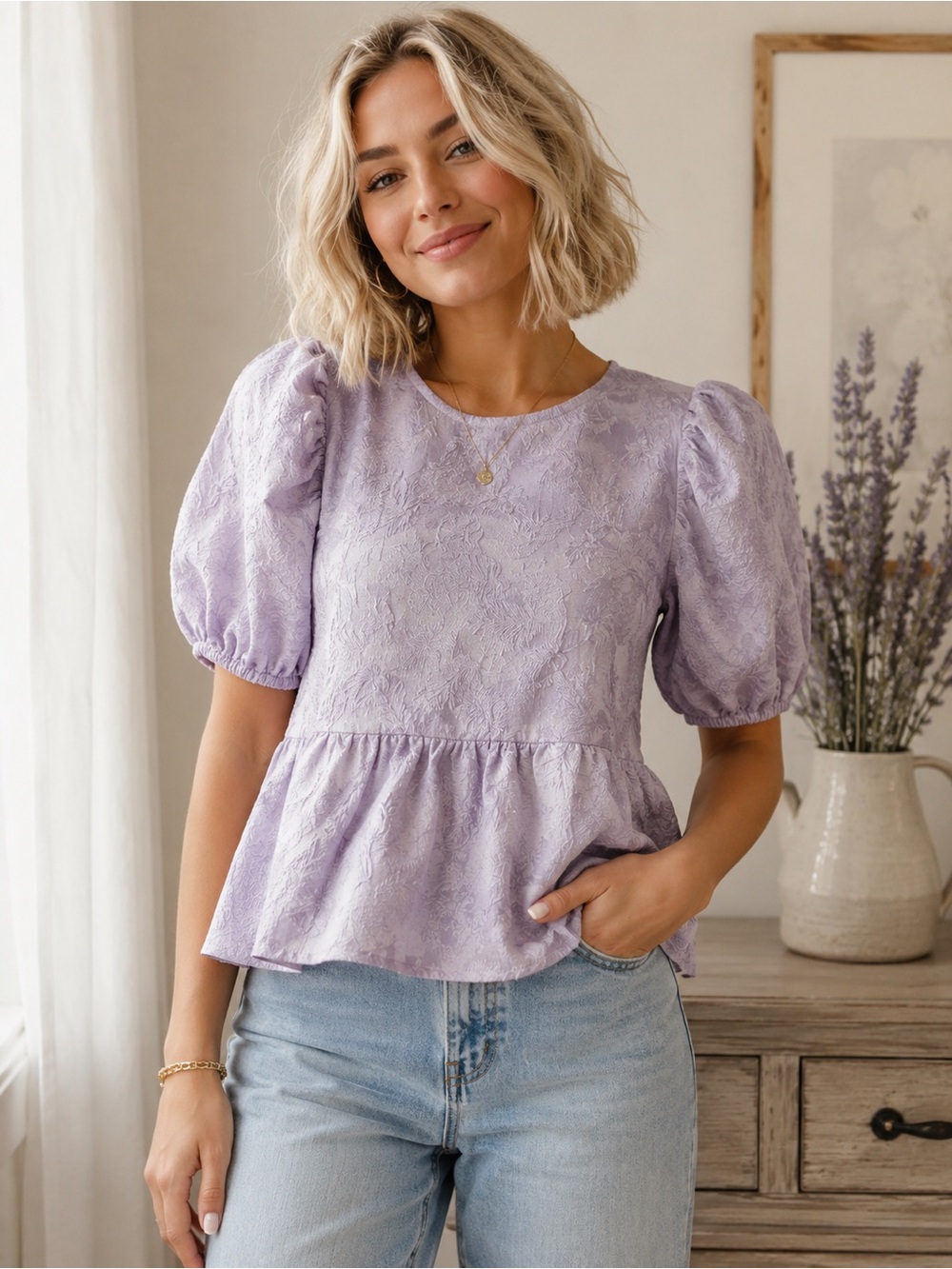 Lilac Puff Sleeve Peplum Top - 628